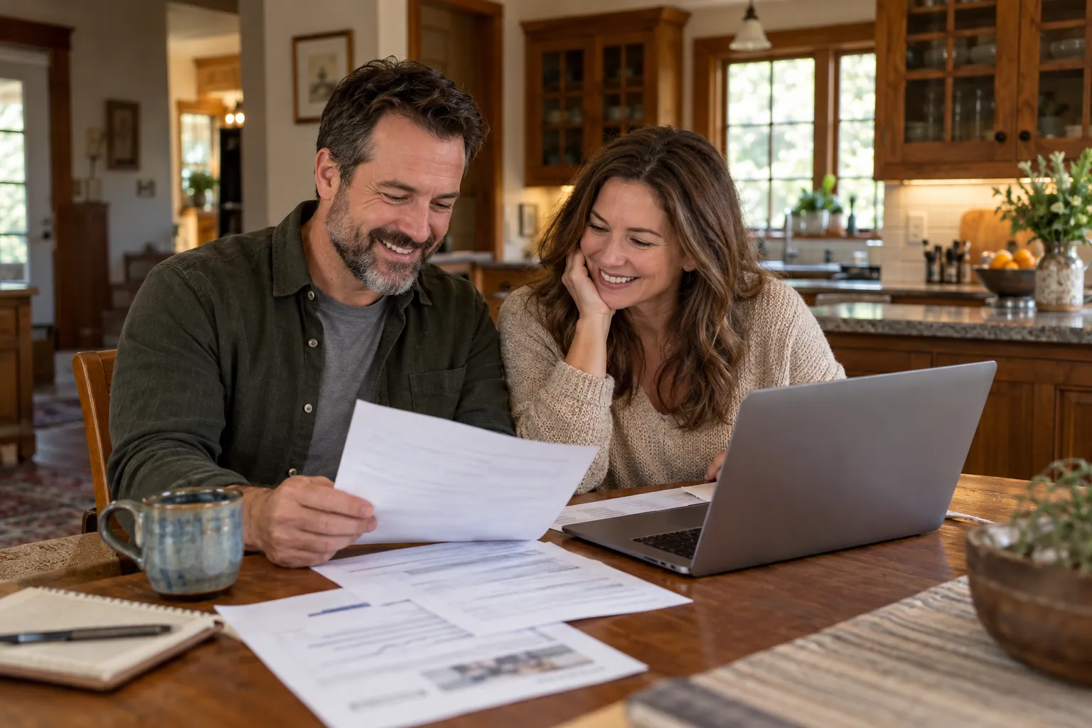 A couple comparing written HVAC quotes at their kitchen table in the Kent area