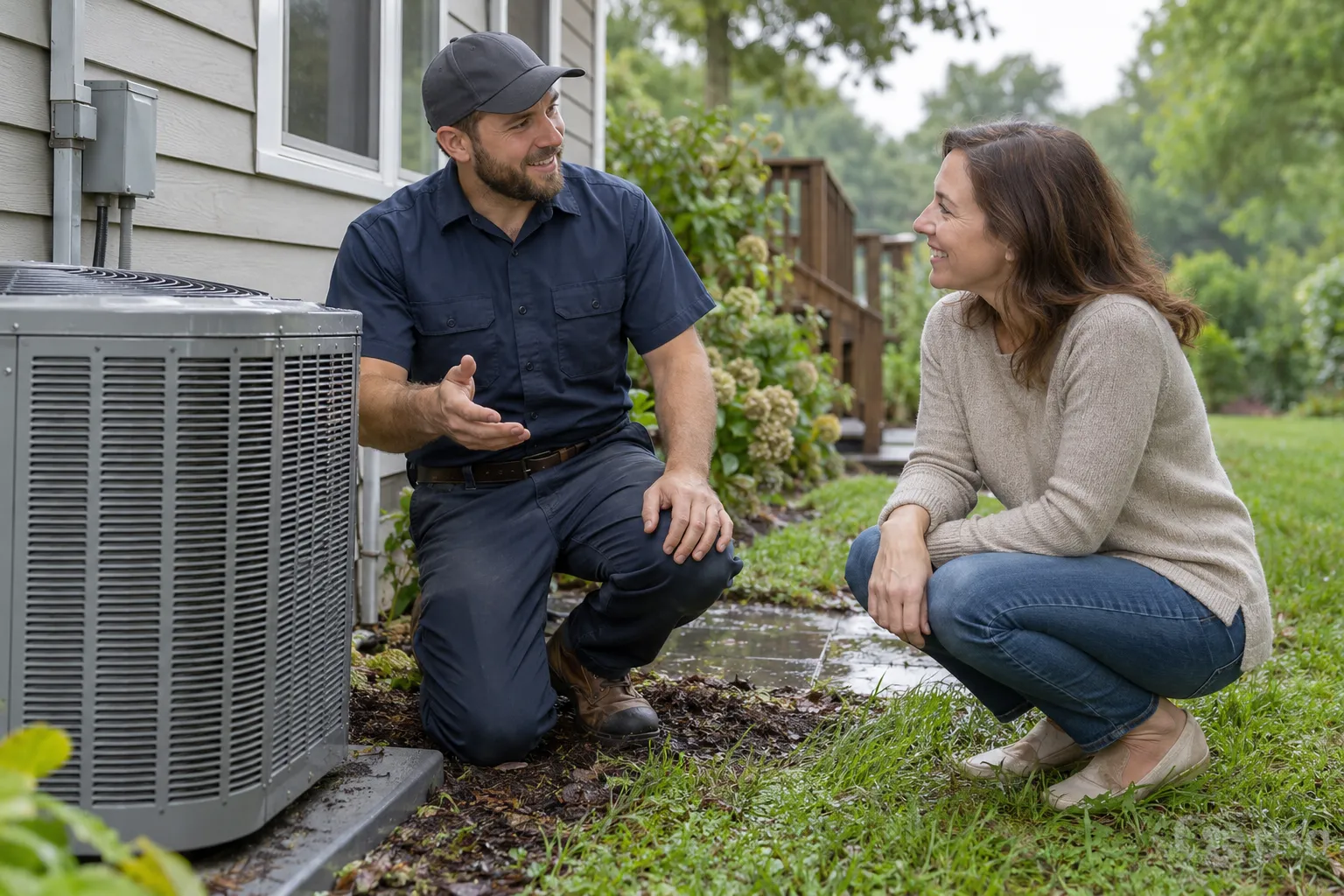 A homeowner talking with an HVAC provider beside an outdoor AC unit in Kent